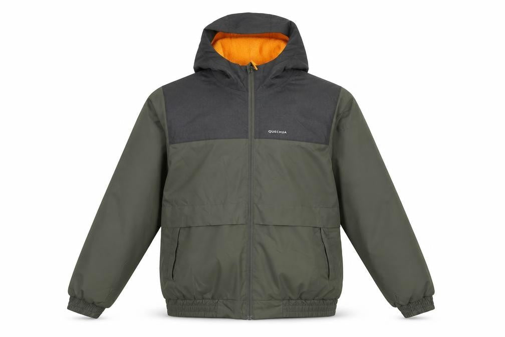 Front view of Decathlon boys’ green puffer jacket 12-13 hooded mid-length