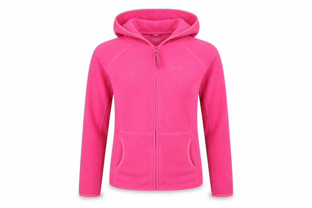 Front view of Trespass girls’ pink fleece jacket, hooded, 11-12 years