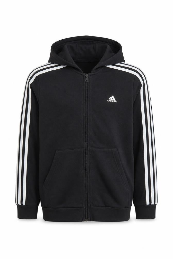 Front view of Adidas boys’ black full zip hoodie 13-14 years with logo