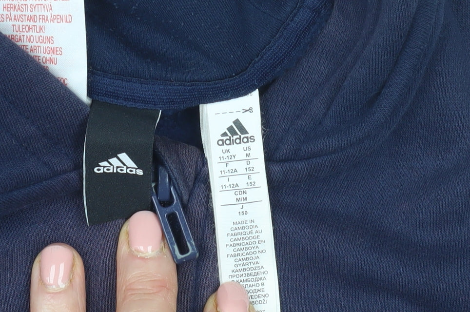 Close-up detail of Adidas boys’ navy full zip hoodie 11-12 years