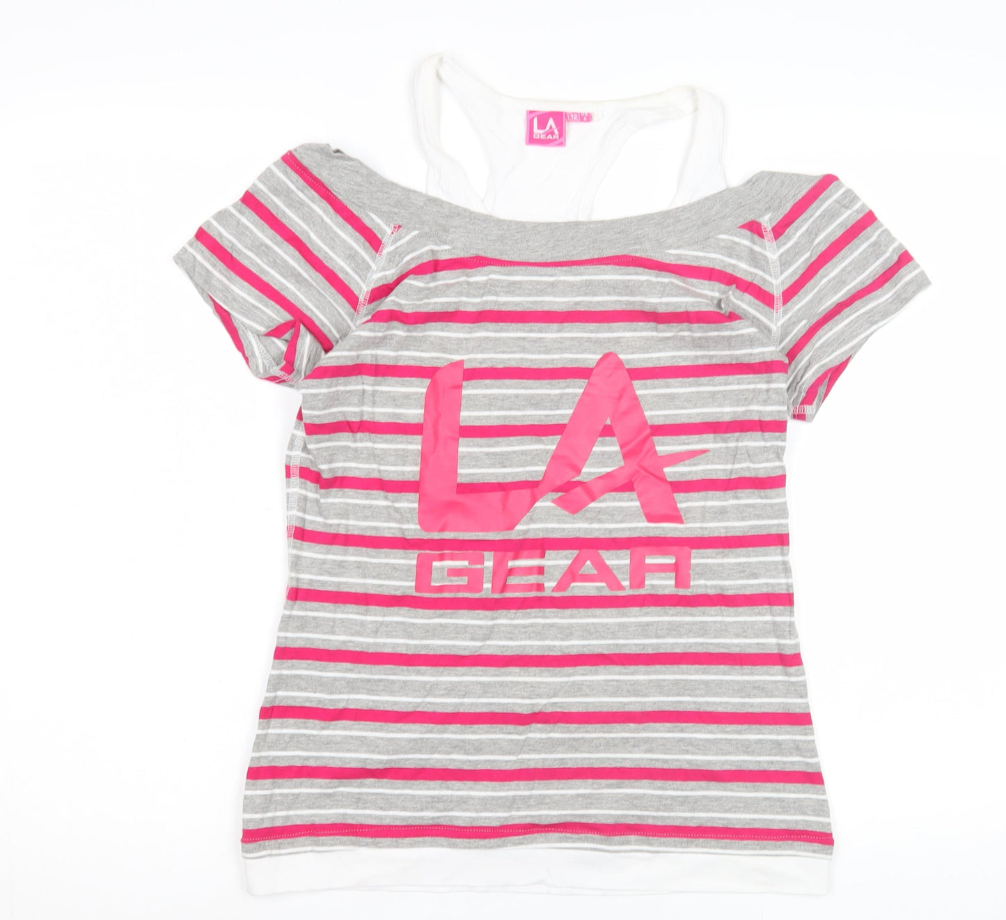 LA Gear Women's Pink Grey Striped T-Shirt Size 12