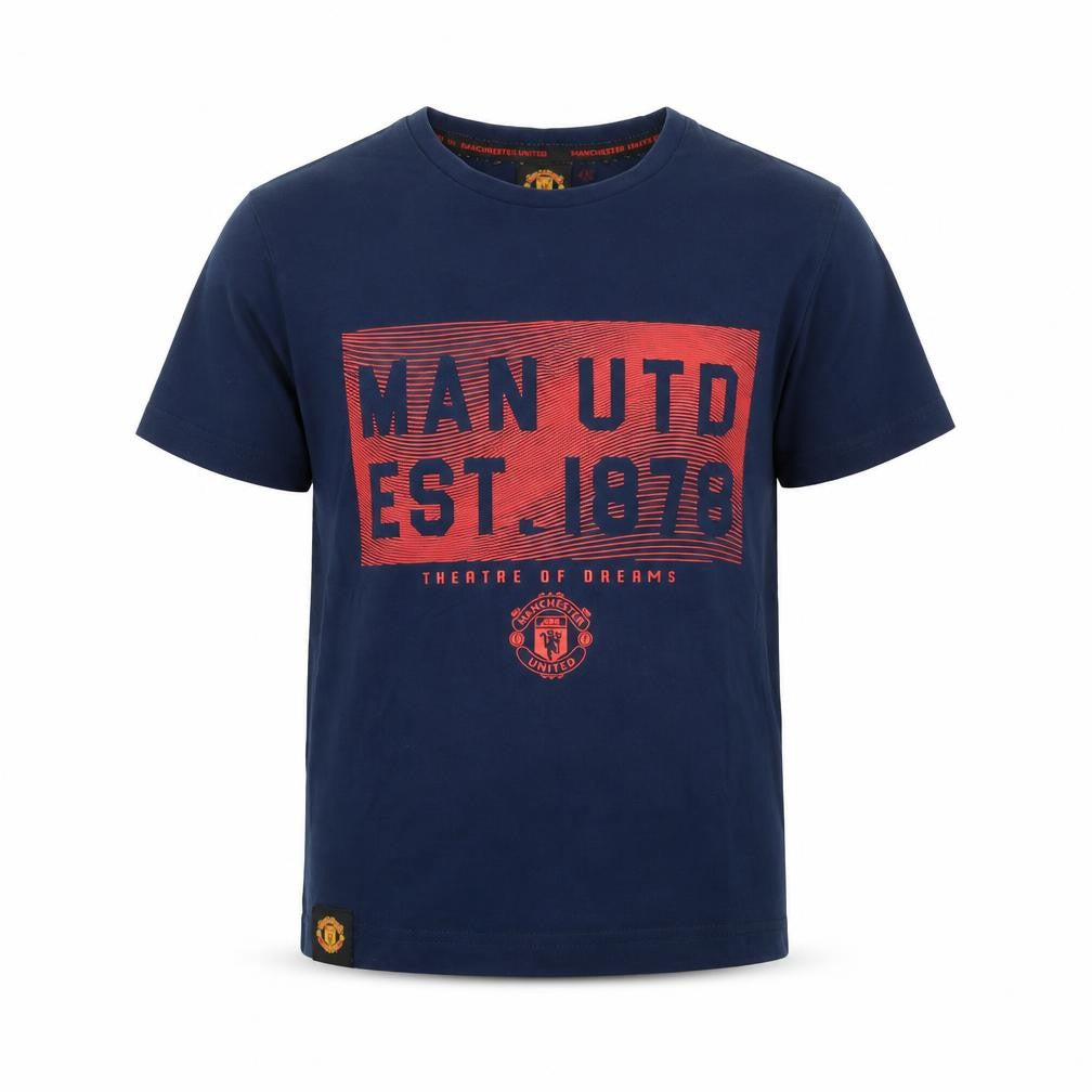Front view of Manchester United boys’ blue graphic t-shirt, size 4-5, years
