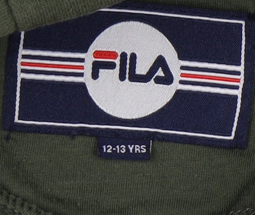 Close-up detail of Fila boys’ green hoodie 12-13 years pullover casual