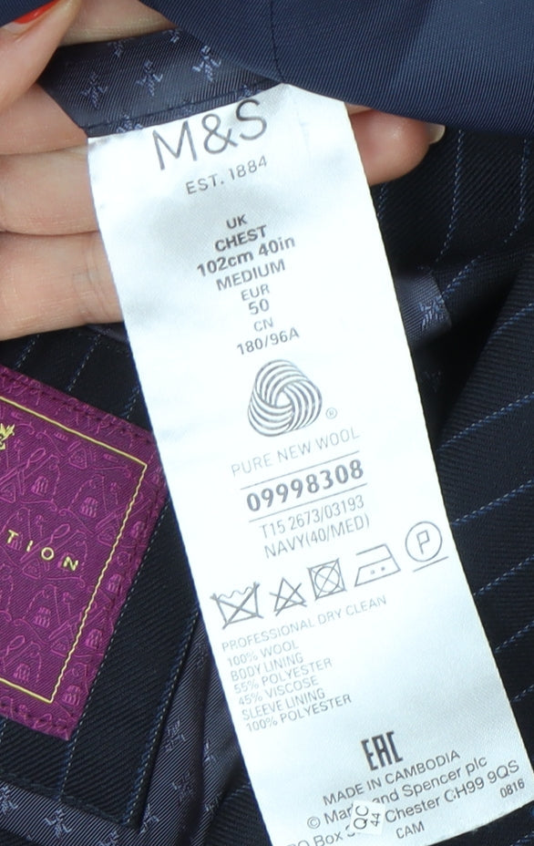 Marks and Spencer Men's Blue Striped Blazer 40R
