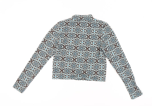 Stradivarius Women's Cropped Blouse, Geometric Brown/Blue, Size 14