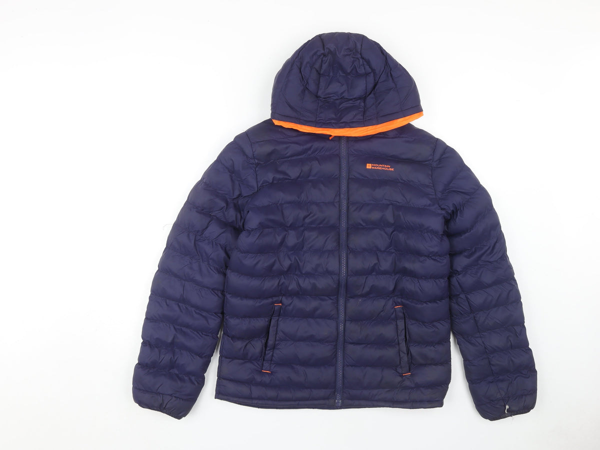 Additional front view of Mountain Warehouse boys’ blue puffer jacket 13 yrs with hood