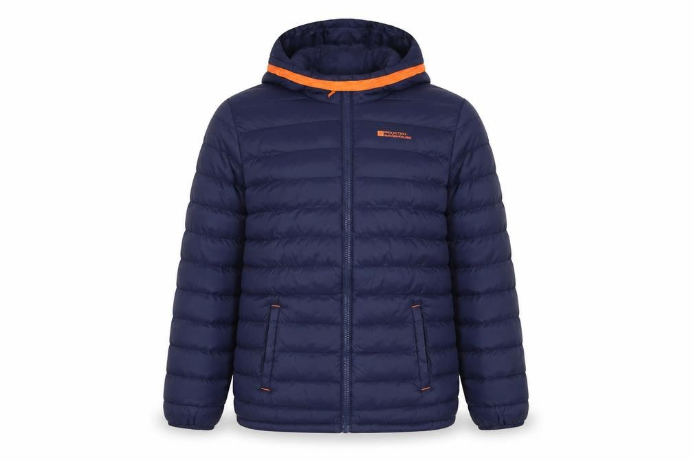 Front view of Mountain Warehouse boys’ blue puffer jacket 13 yrs with hood