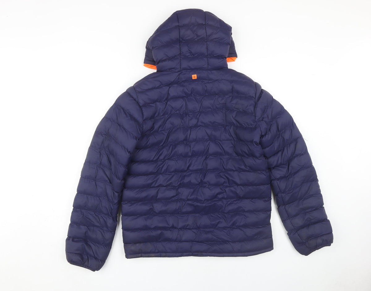 Back view of Mountain Warehouse boys’ blue puffer jacket 13 yrs with hood