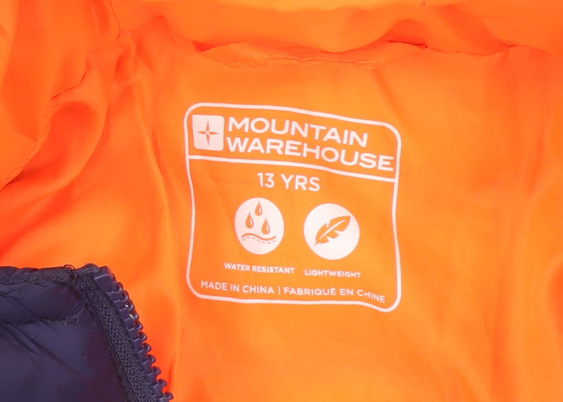 Close-up detail of Mountain Warehouse boys’ blue puffer jacket 13 yrs with hood
