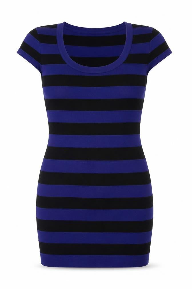 Front view of French Connection Blue Bodycon Striped Dress, size 12