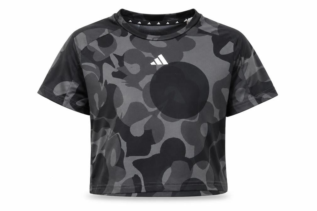 Front view of Adidas girls’' black camouflage cropped t-shirt 11-12
