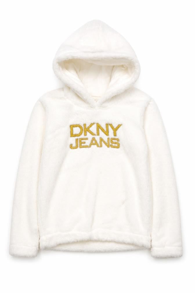 Front view of DKNY Jeans girls’ ivory hoodie, 4 years - embroidered pullover