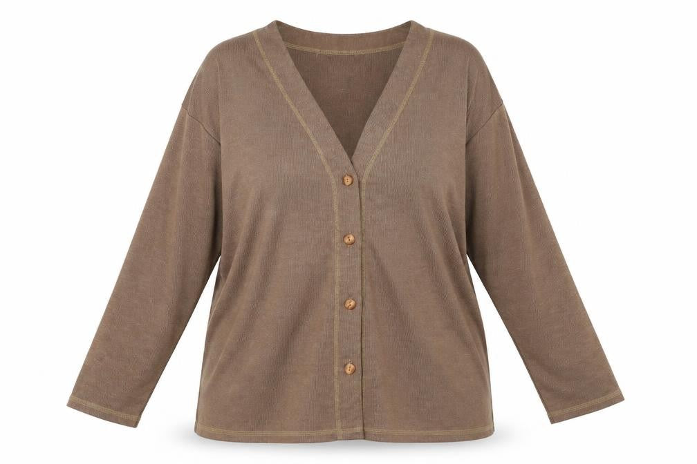 Front view of C&A Women's Brown Cardigan, size 22, V-Neck
