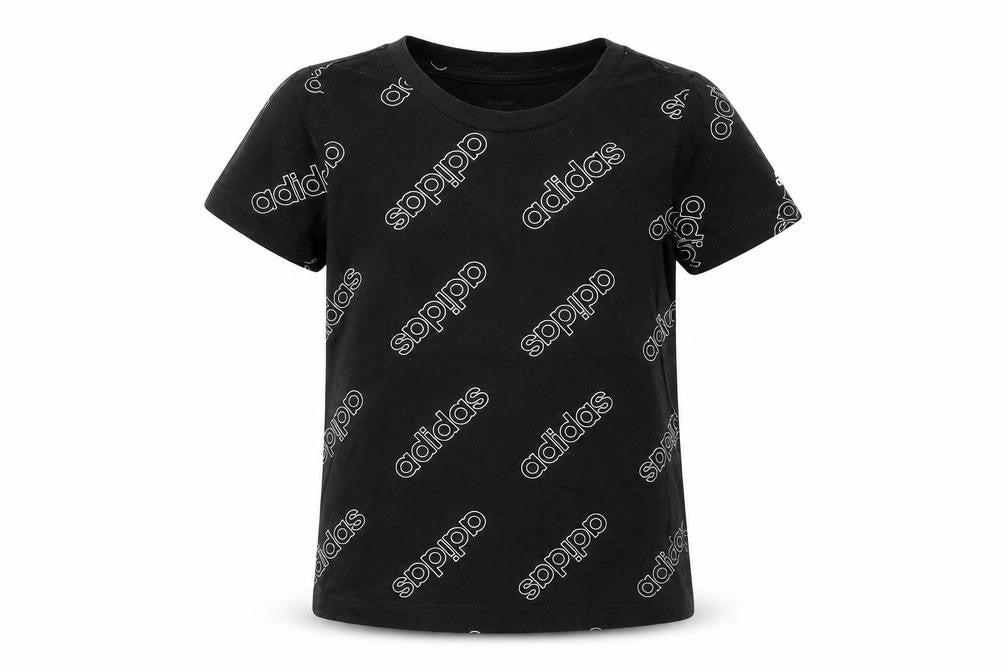 Front view of Adidas girls’ black graphic t-shirt, 9-10 years, casual logo