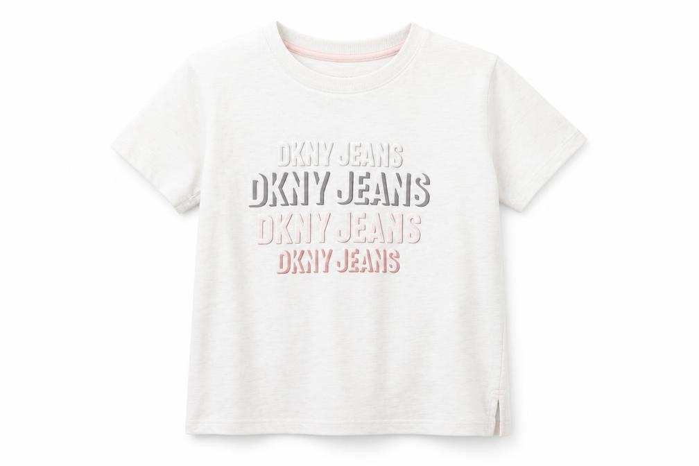 Front view of DKNY girls’ white graphic t-shirt, 8 years, casual designer top