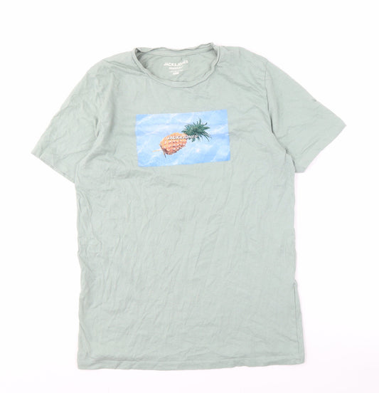 Jack & Jones Men's Green Graphic Print T-Shirt L Slim Fit