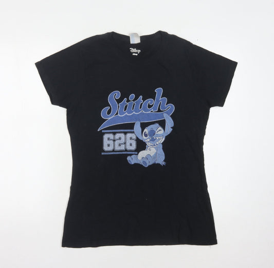 Disney Women's Black T-Shirt - Stitch Cartoon Medium