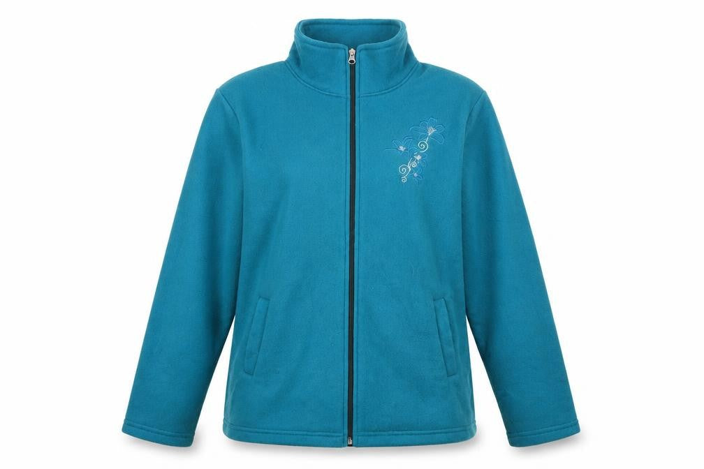 Front view of Anne De Lancay Women's Blue Fleece Jacket - Mid-Length, size M, Casual Wear