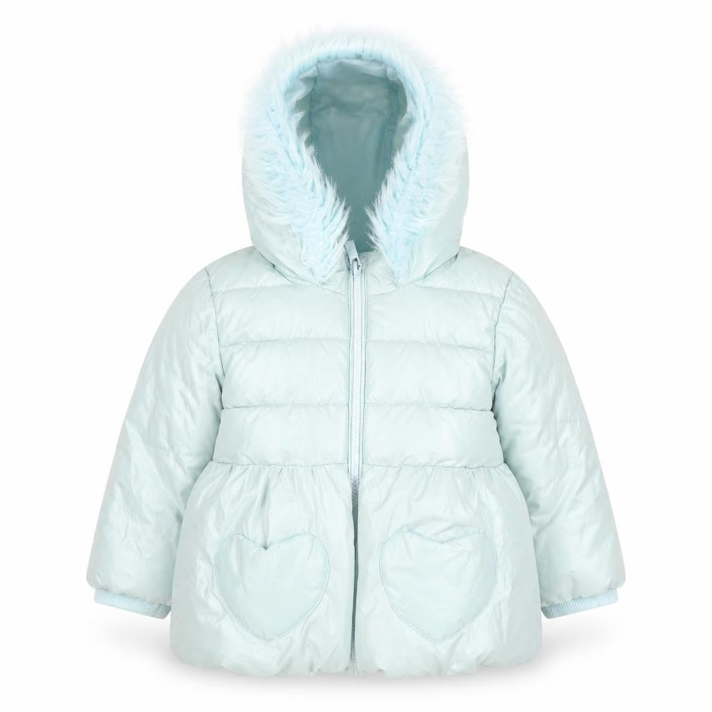Front view of Monsoon girls’ blue puffer jacket 2-3 years hooded winter coat