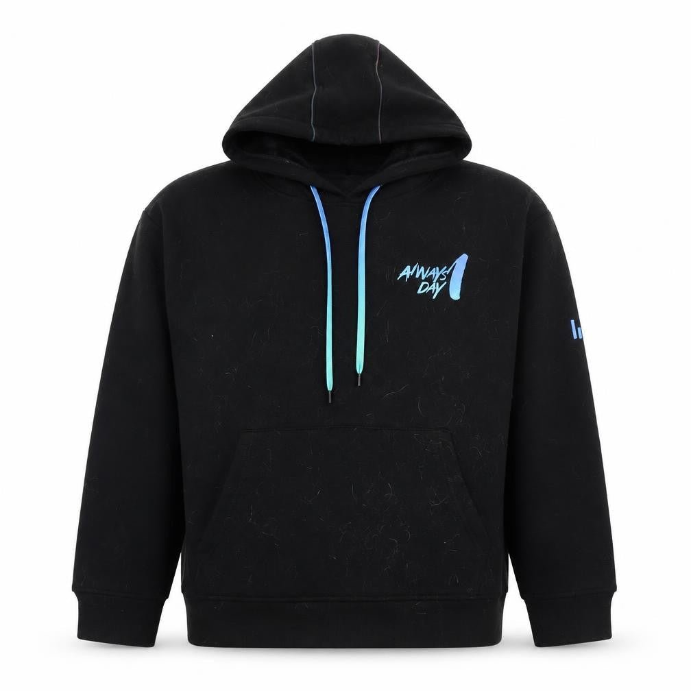 Front view of Black Graphic Print Hoodie, Small, Hooded, Very Good