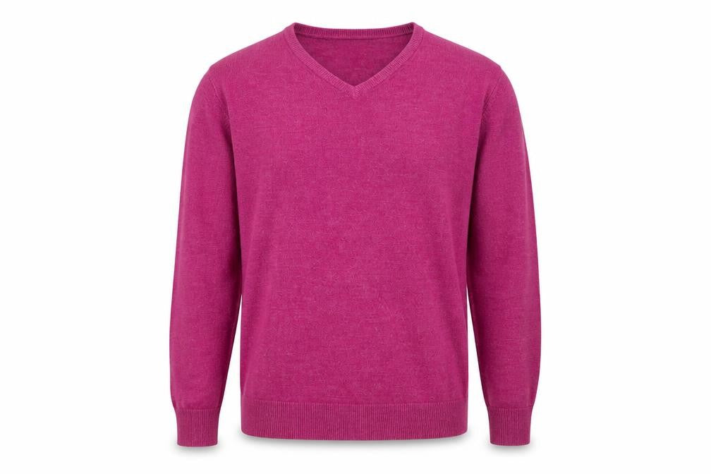Front view of Thomas Nash Men's Pink V-Neck jumper, size S