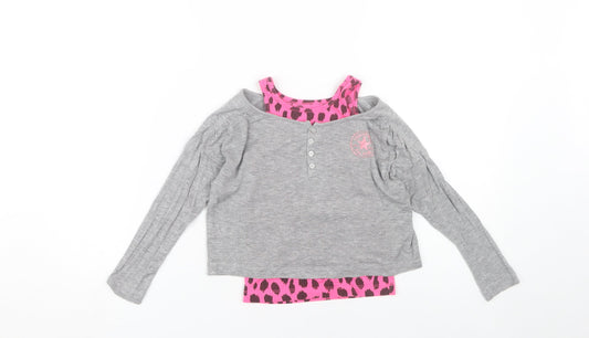 Converse Girls Grey Pink 4-5Y Animal Print Long Sleeve T-Shirt