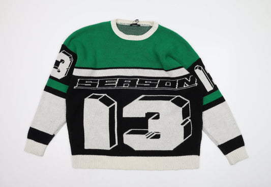 boohooMAN Men's Green Graphic Print Pullover Jumper M