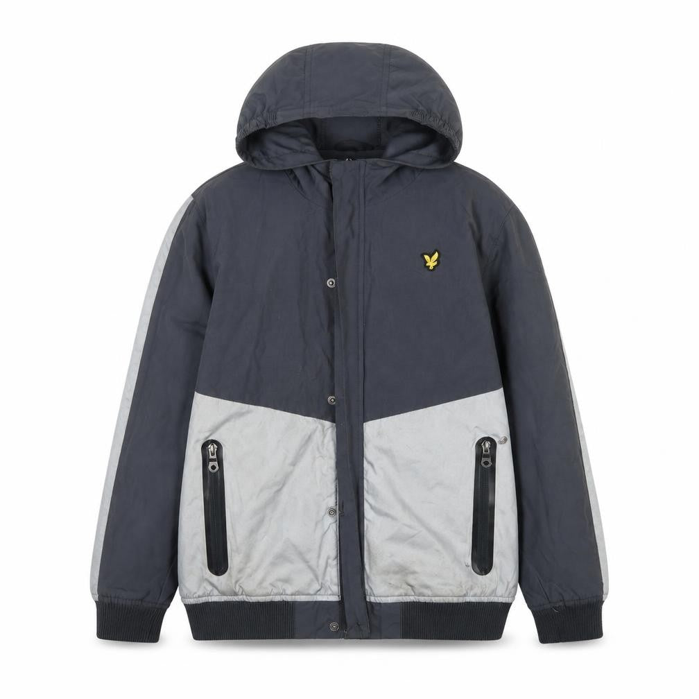 Front view of Lyle & Scott boys’ grey bomber jacket, 12-13 years, hooded, zip