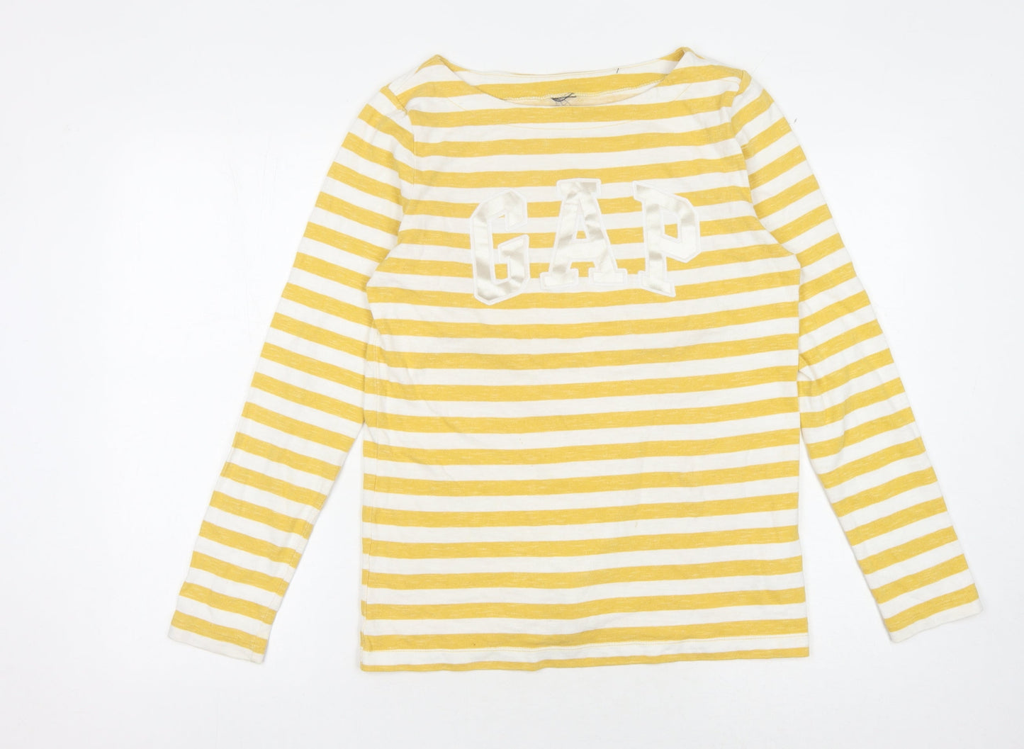 GAP Women's Yellow Striped Boat Neck Long Sleeve T-Shirt