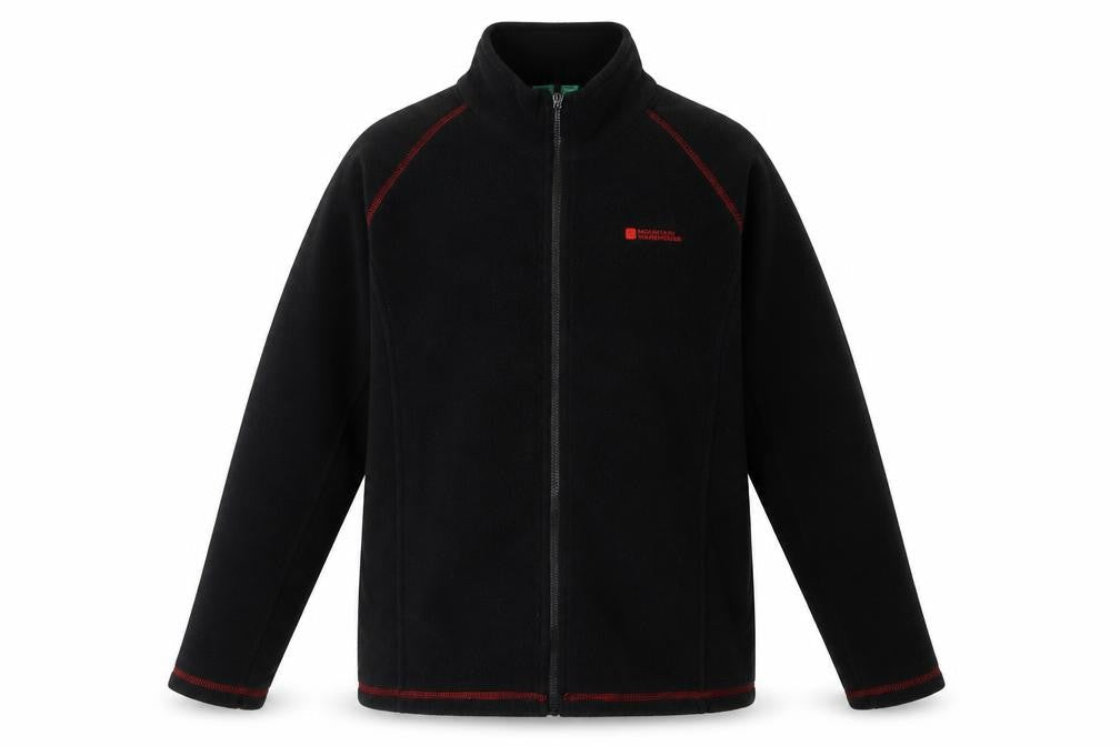 Front view of Mountain Warehouse boys’' black fleece jacket, size 13, years