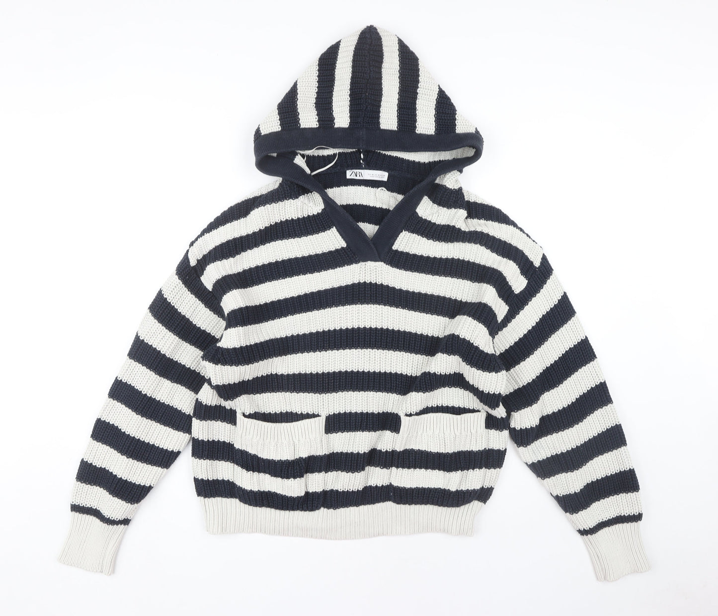 Zara Women's M Black Striped Hooded Pullover Jumper