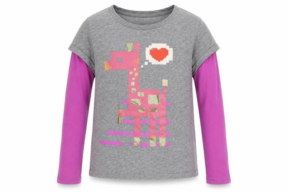 Front view of Gap Kids girls’ grey & pink long sleeve graphic t-shirt 8-9y