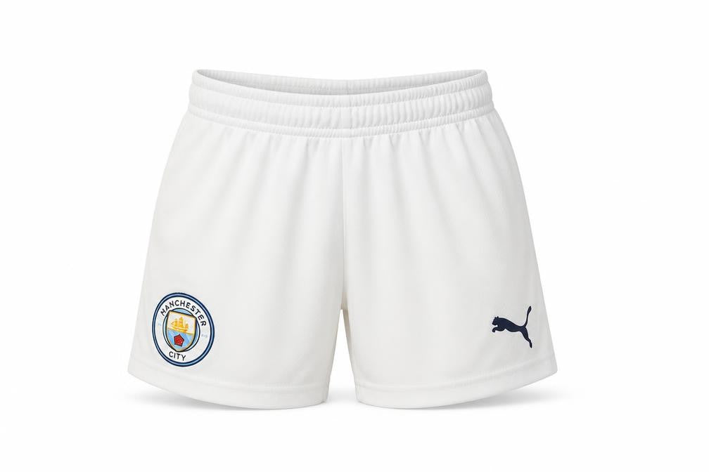 Front view of Puma boys’ white athletic shorts 3-4y football