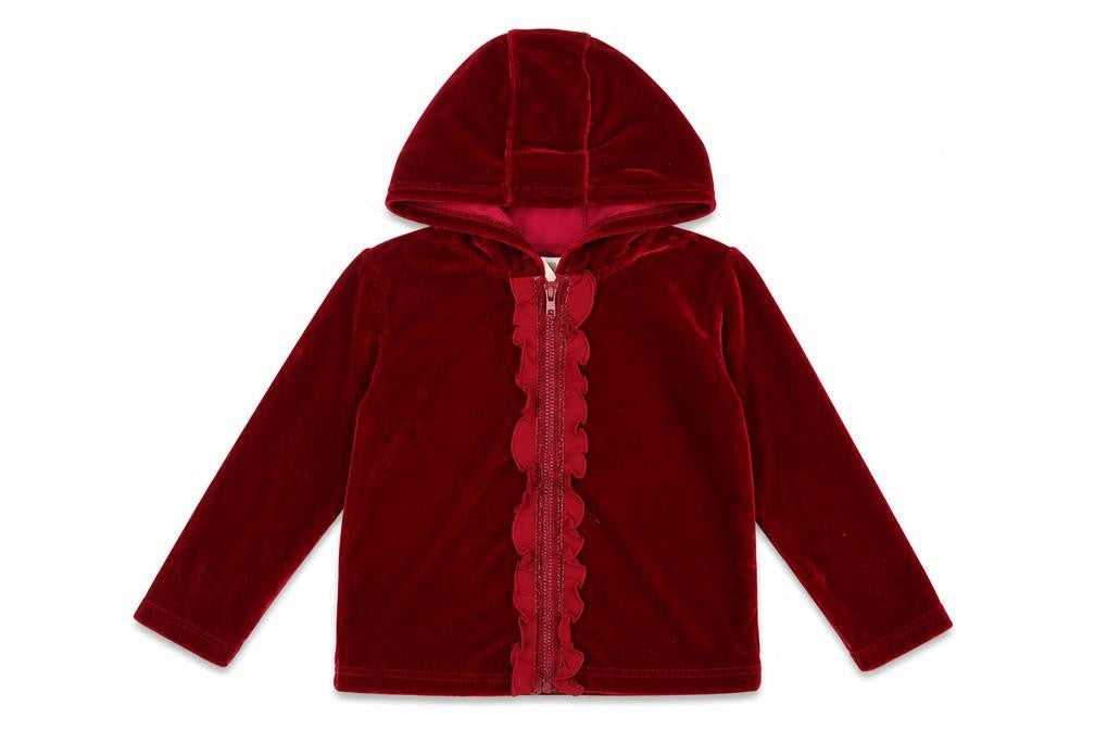 Front view of Laura Ashley girls’ red velvet hooded jacket 2 years