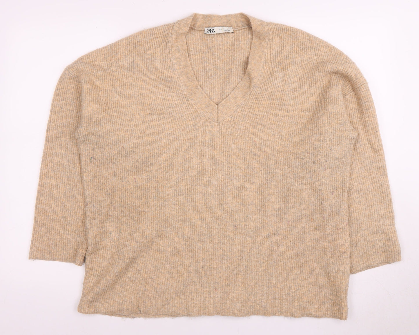 Zara Women's Beige V-Neck Pullover Jumper S