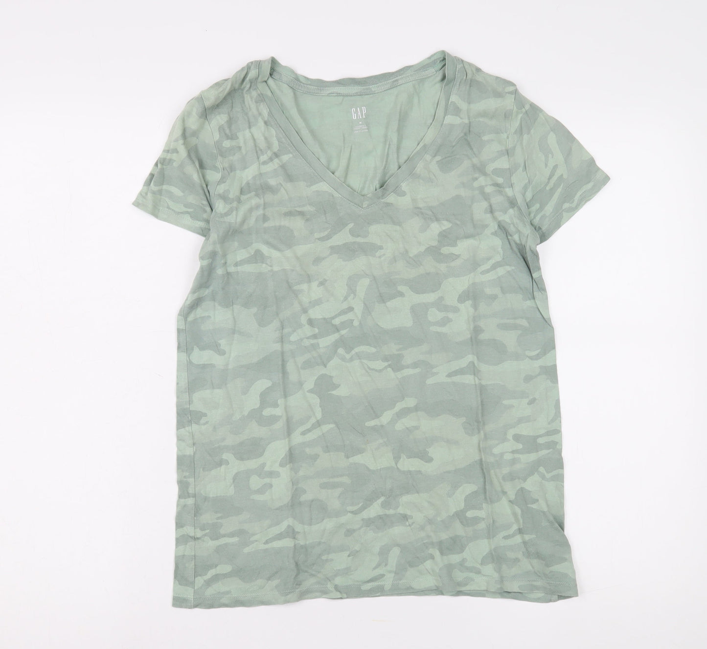Gap Women's Green Camouflage T-Shirt V-Neck Medium