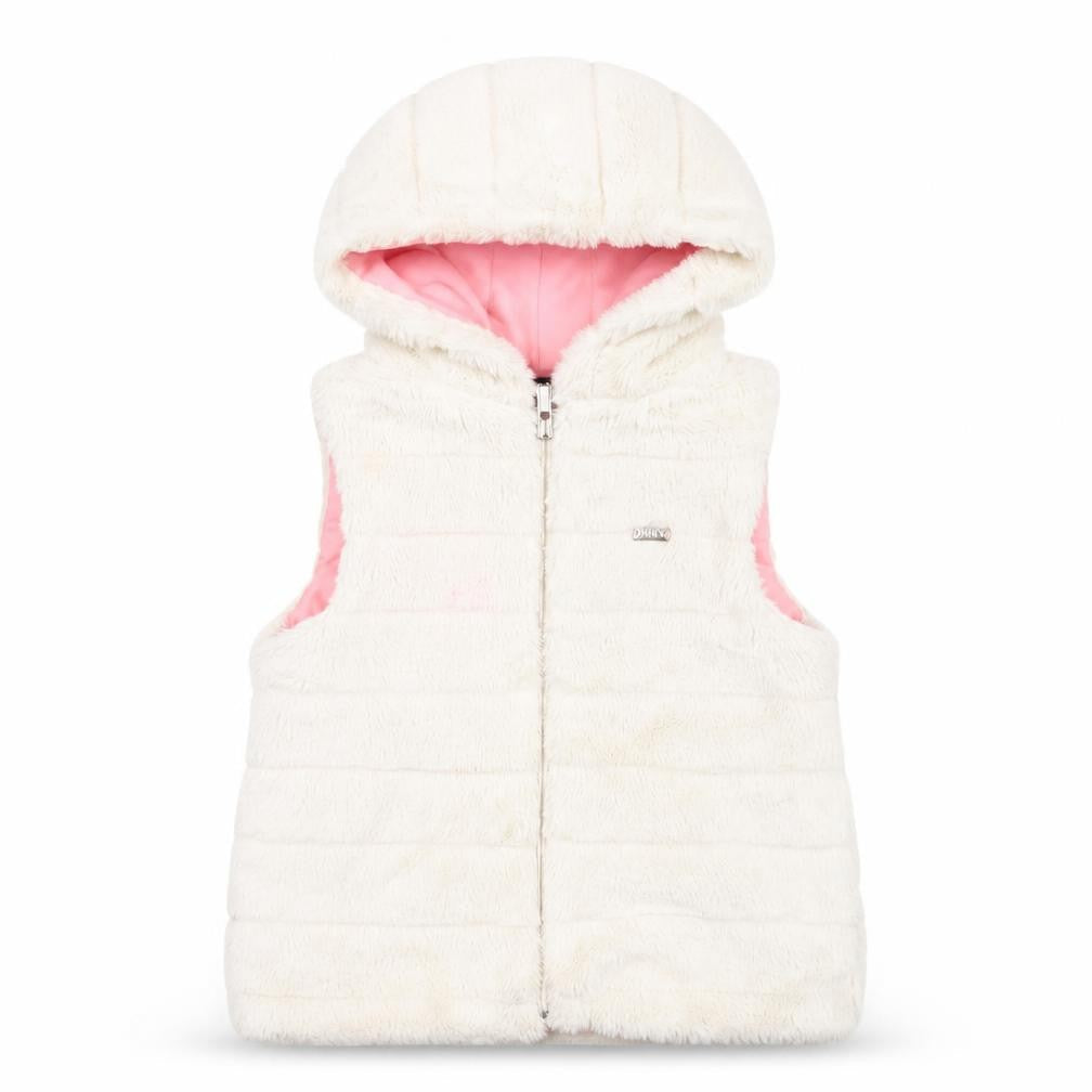 Front view of DKNY girls’ white hooded sleeveless jacket, s, casual