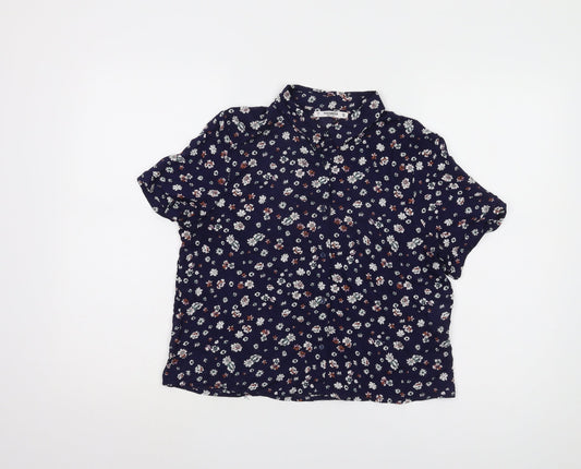Pull & Bear Women's Blue Floral Button-Up Shirt, Size S