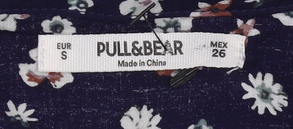 Pull & Bear Women's Blue Floral Button-Up Shirt, Size S