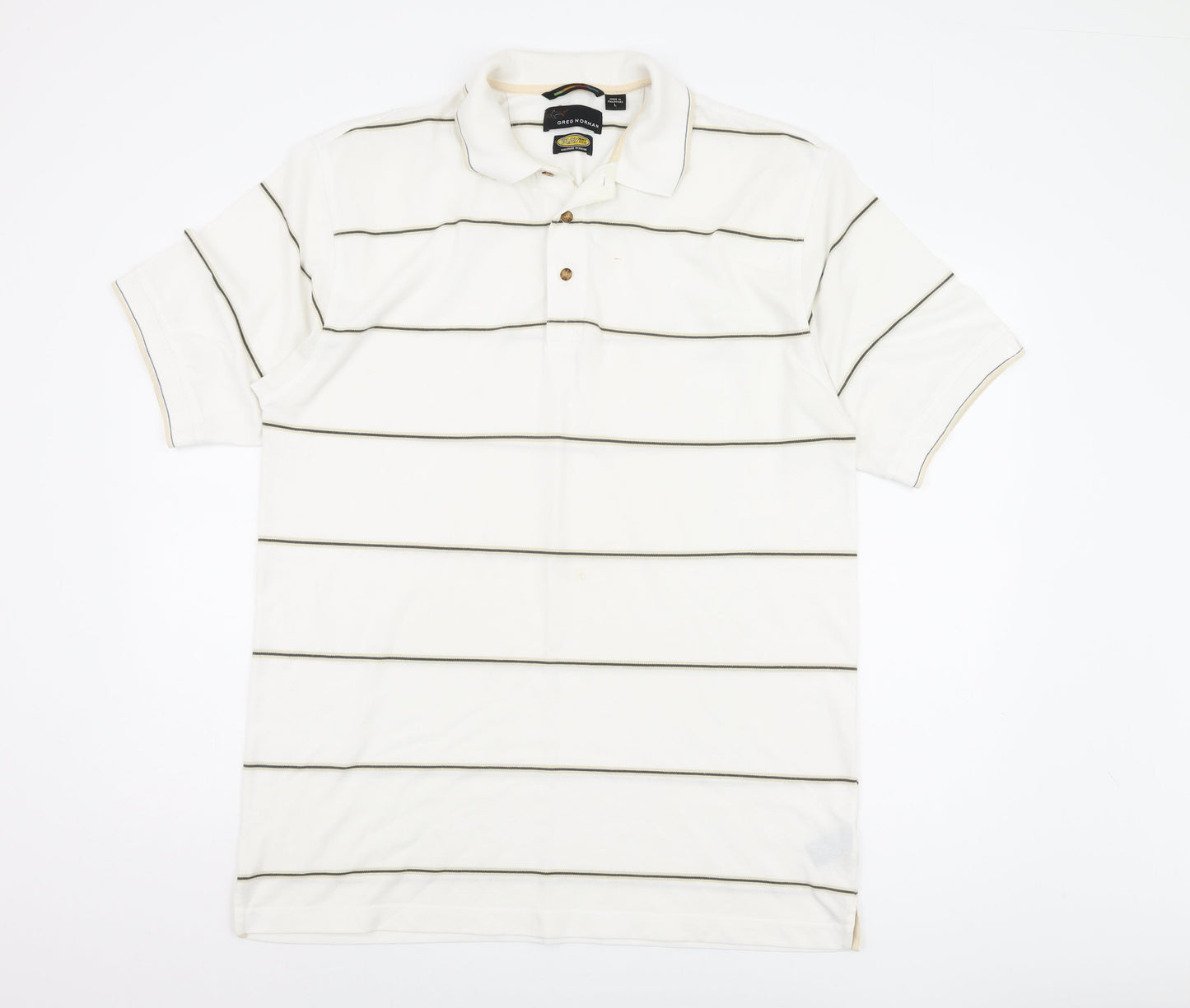 Greg Norman Men's White Striped Polo, Size L, Moisture Wicking