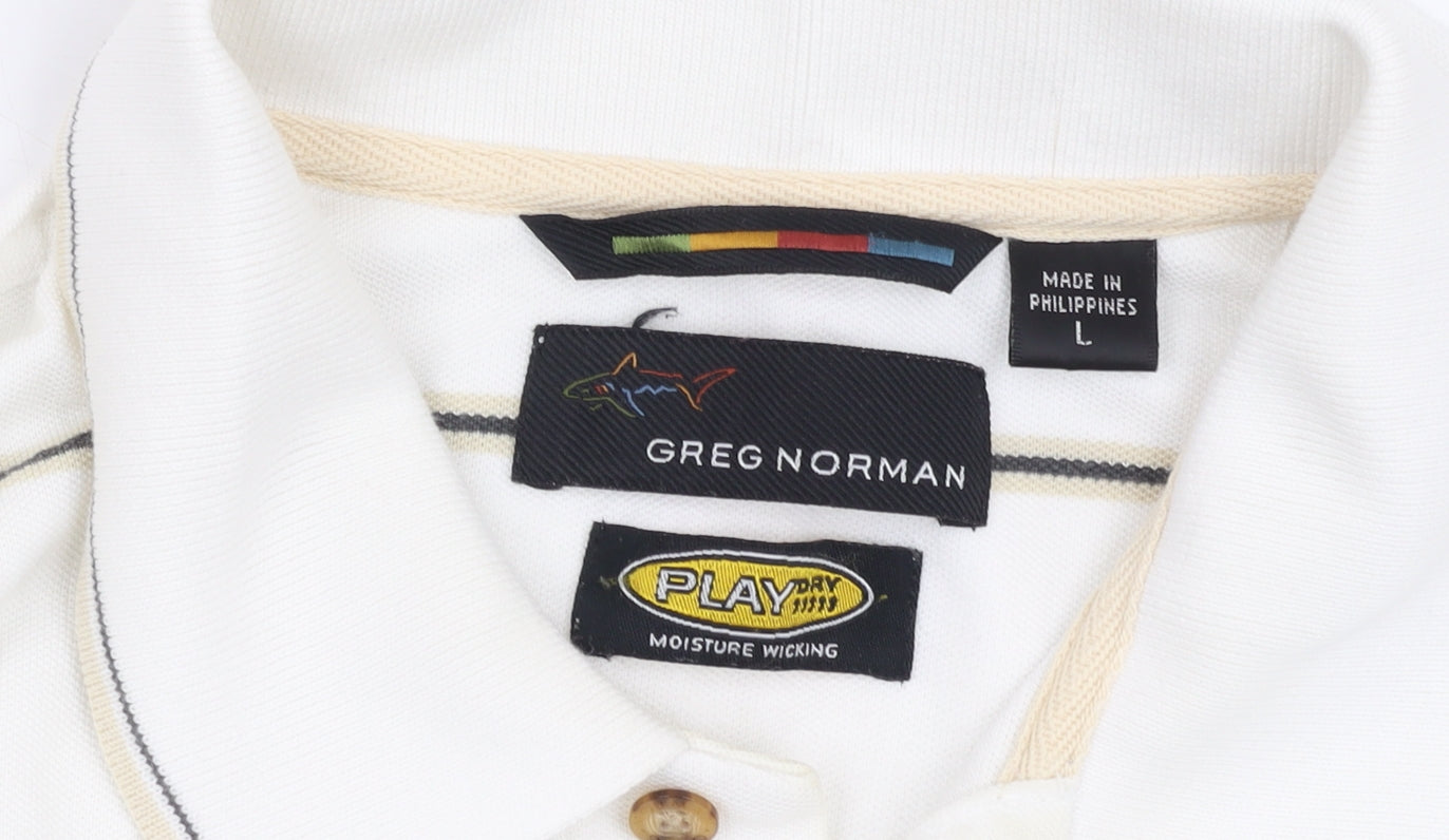 Greg Norman Men's White Striped Polo, Size L, Moisture Wicking