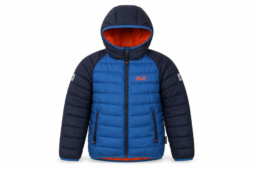 Front view of Jack Wolfskin boys’ blue puffer jacket uk 8 hooded winter