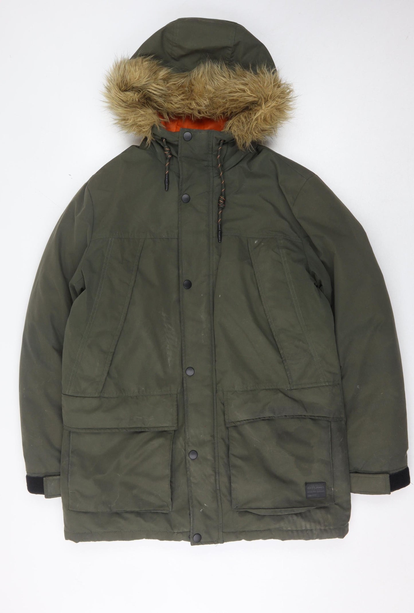 Jack & Jones Men's Green Parka Coat with Hood, Size M