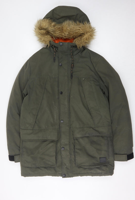 Jack & Jones Men's Green Parka Coat with Hood, Size M