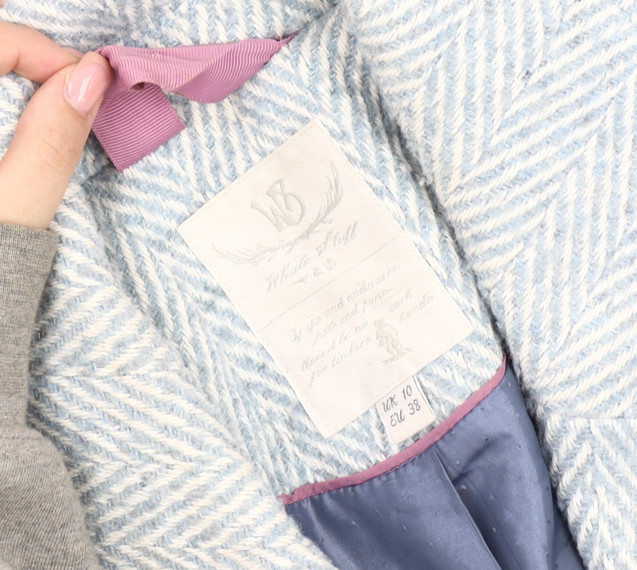 White Stuff Women's Blue Herringbone Wool Overcoat UK 10