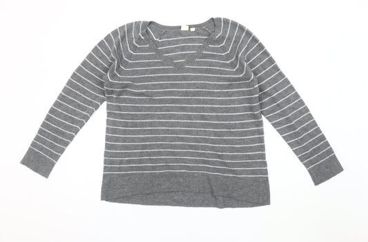 GAP Women's Grey Striped V-Neck Pullover Jumper M