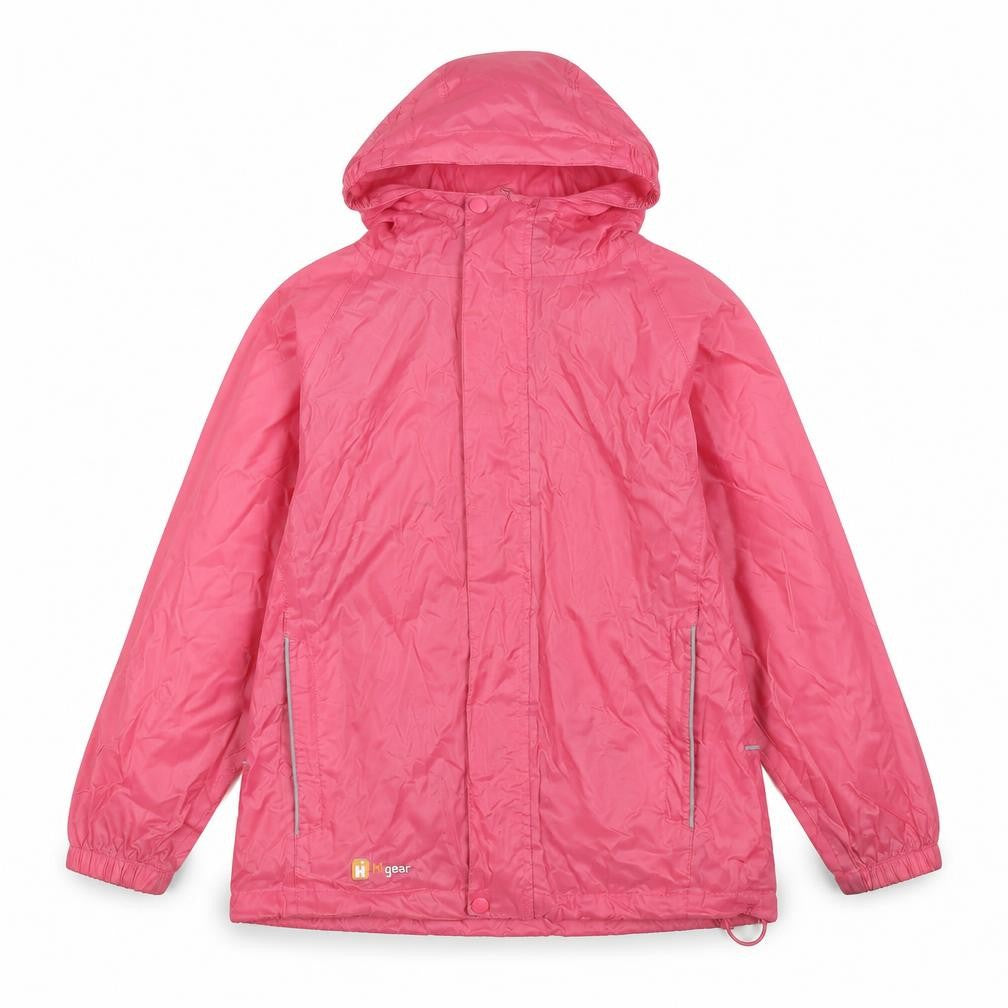 Front view of Hi Gear girls’ pink waterproof rain coat 7-8 years