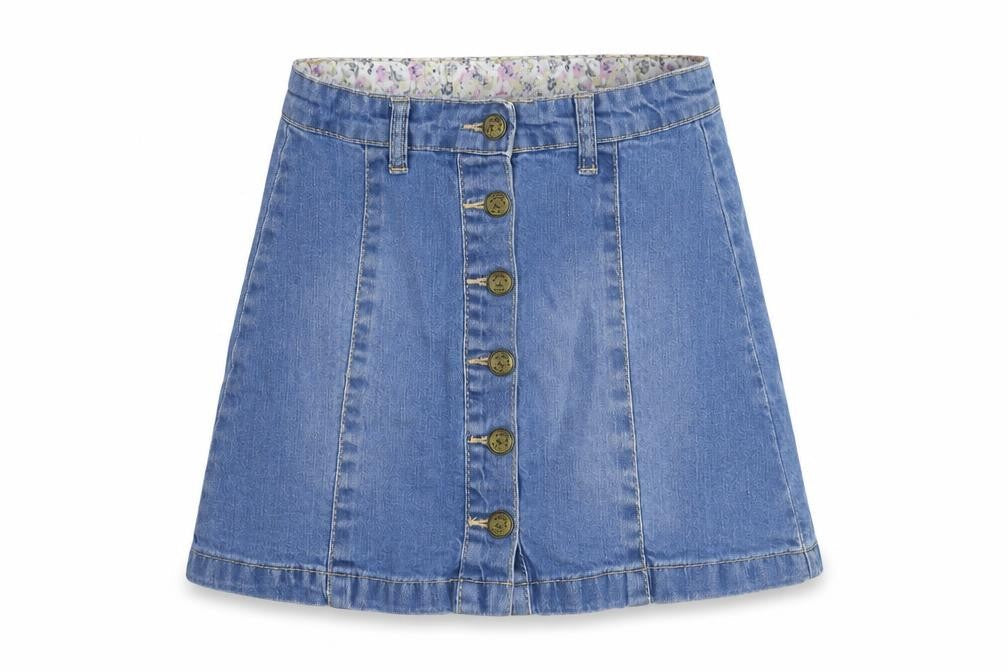 Front view of Mantaray girls’ blue denim a-line skirt, age 9, casual & stylish