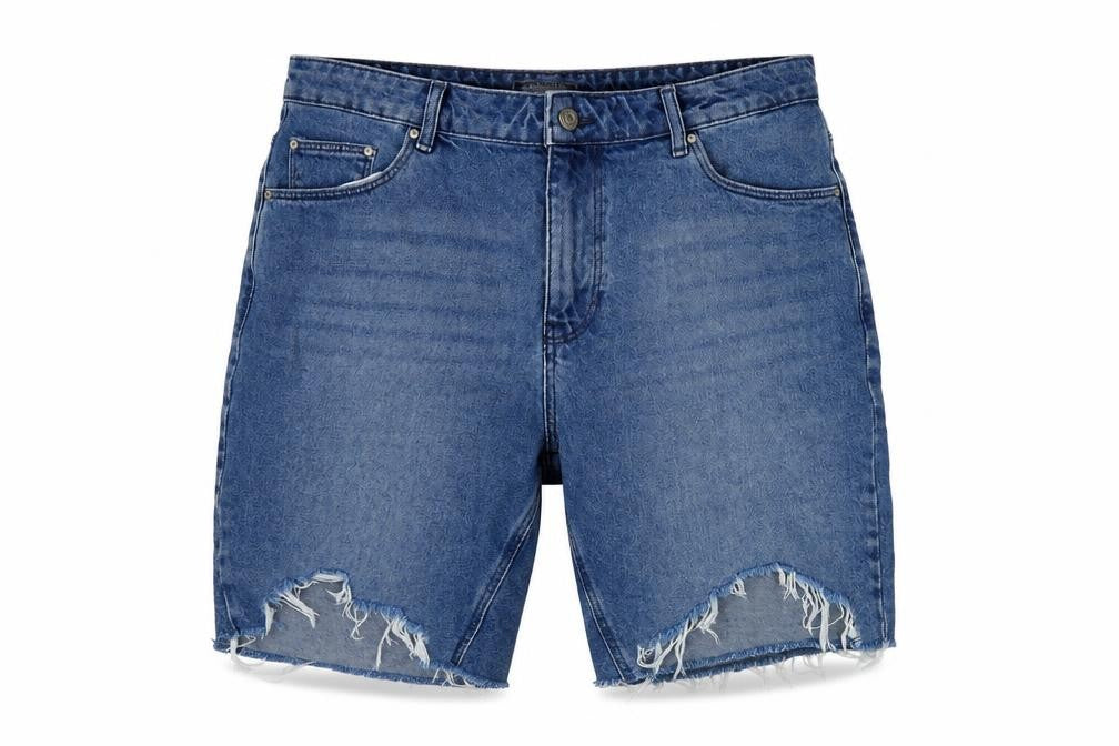 Front view of ASOS Design Men's Blue Denim Distressed Shorts, size 34
