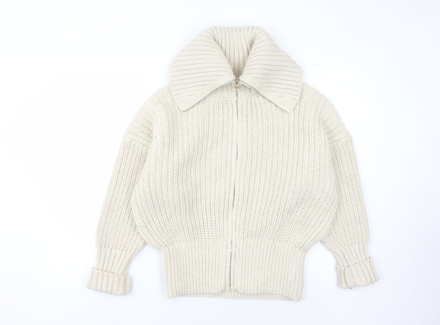 Zara Women's Ivory Full Zip Collared Jumper L